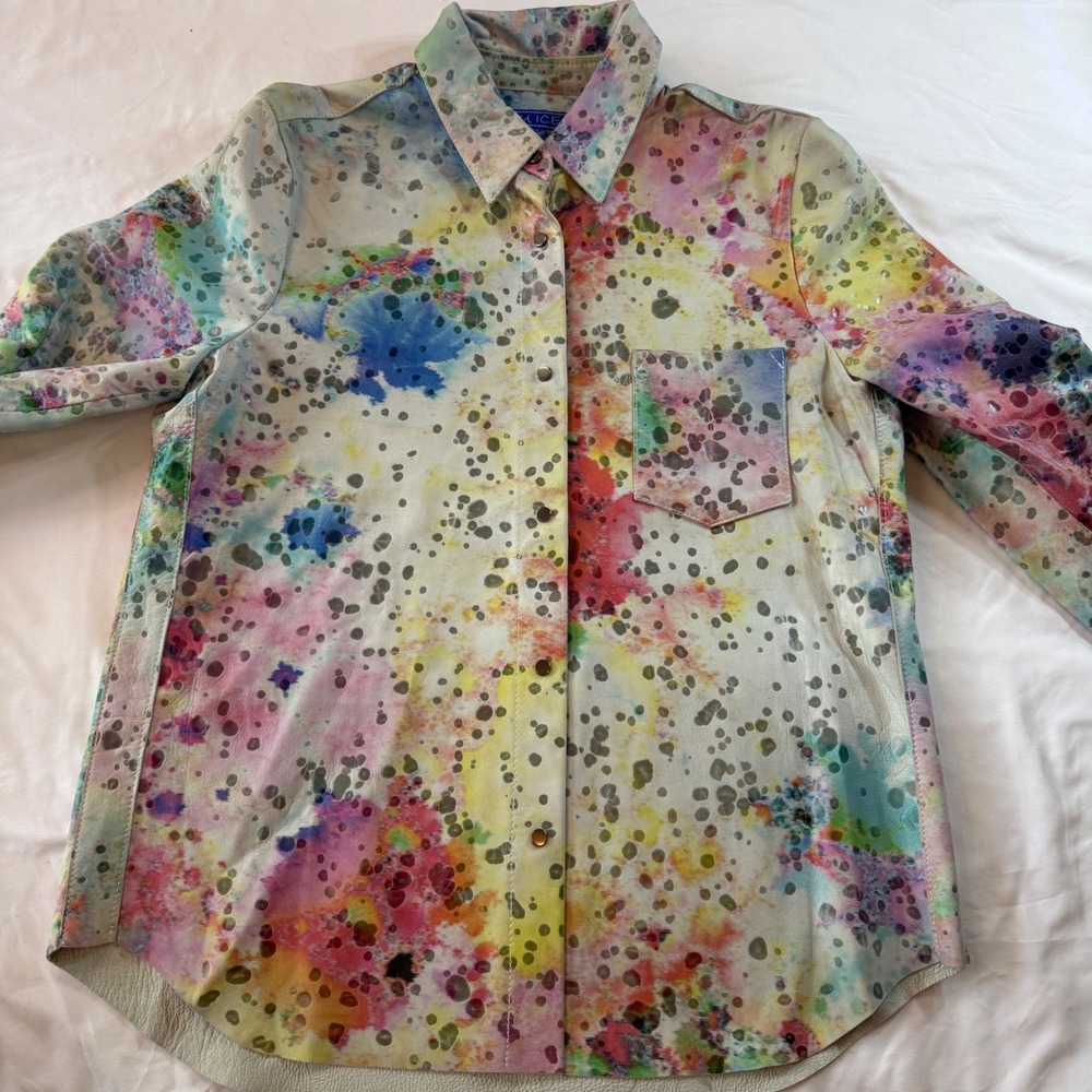 Blu Ice Leather Shirt Wearable Art Paint Splatter Snap Front Women's Size Small - Picture 2 of 6